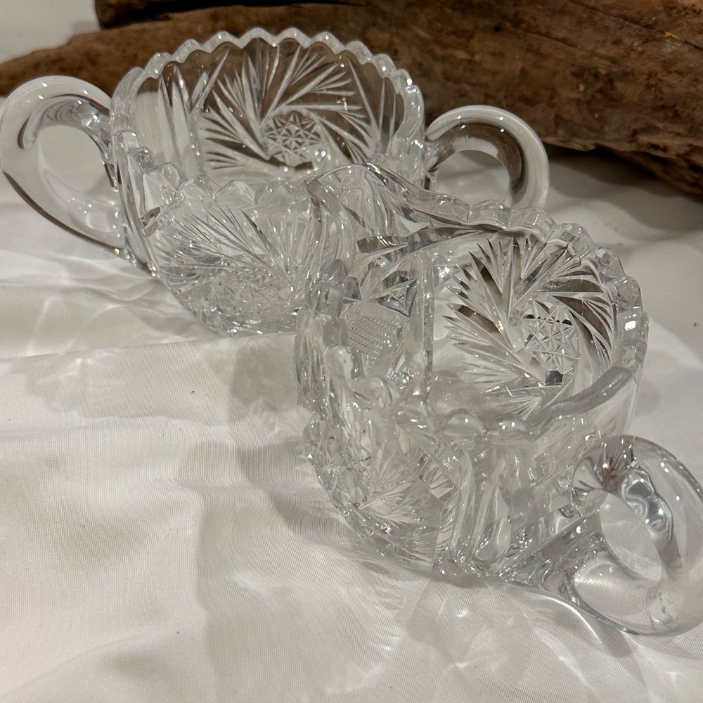 Cut Glass Open Sugar Bowl & Creamer Spinning Pinwheel Crystal Cut Glass Antique